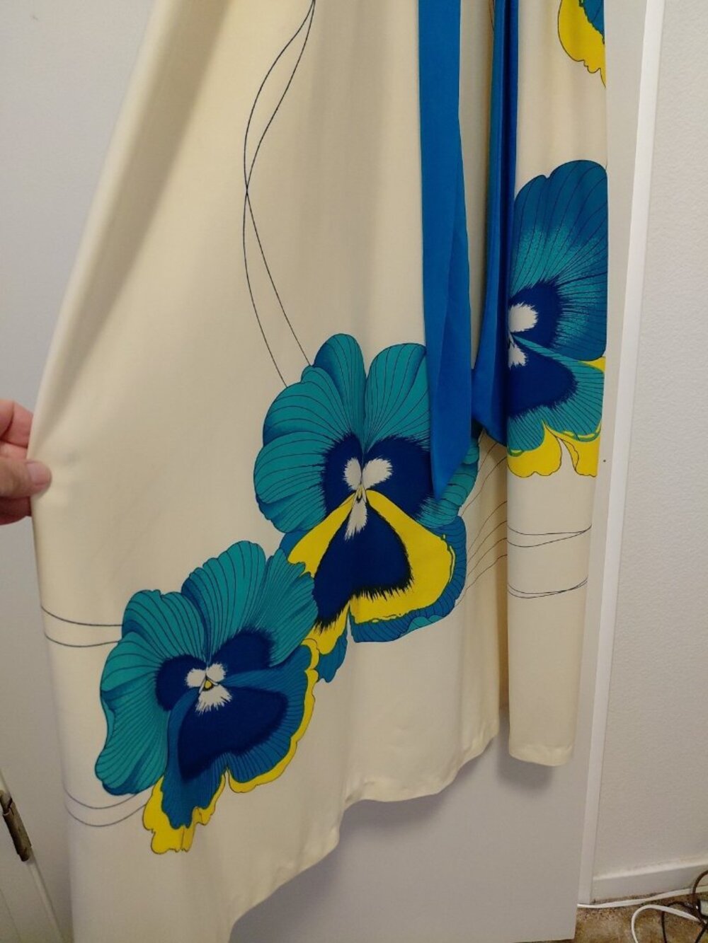 Vintage Alfred Shaheen 70s Designer Hawaiian Floral Maxi Dress 6 White Blue - Picture 5 of 10